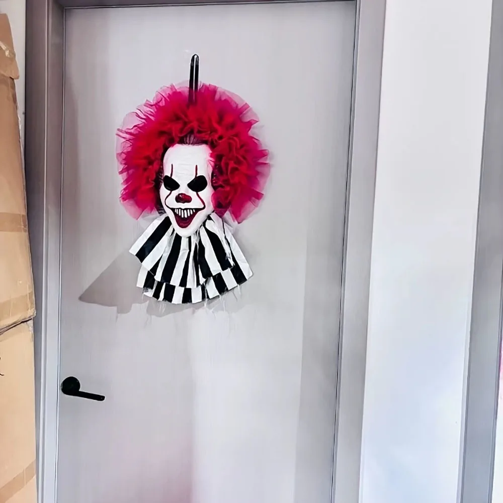 Halloween Clown Mask Wreath Scary Party Decor for Front Door Horror Masquerade Garland with Creepy Clown Face DIY Decorations