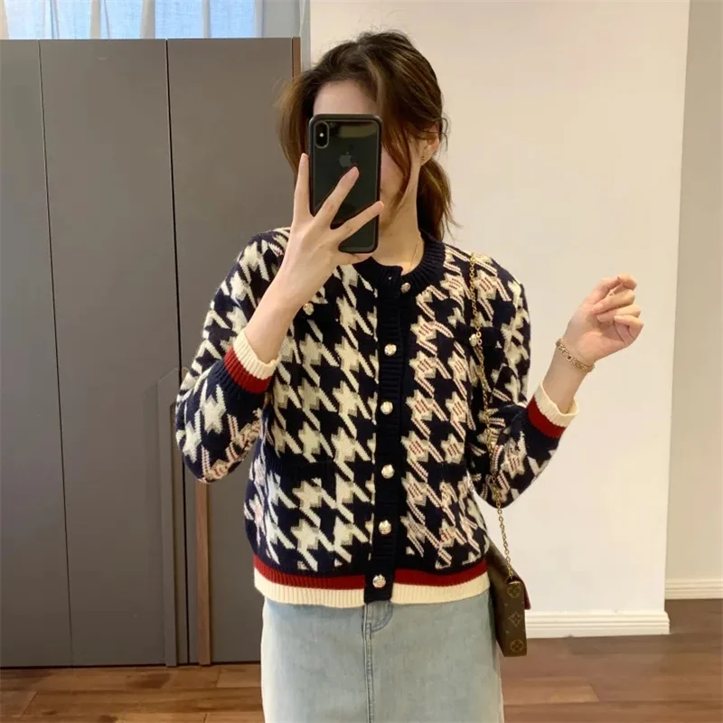 Knitted Cardigan Women\'s 2024Spring Autumn New Houndstooth Coat Small Fragrance Style Temperament Jacket Thin Sweater Female Top