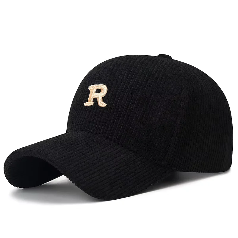 Boné de Beisebol em Corduroy com Letra 'R' Bordada em 3D, Cor Sólida, Ajustável, Acessório Estiloso para Outono e Inverno