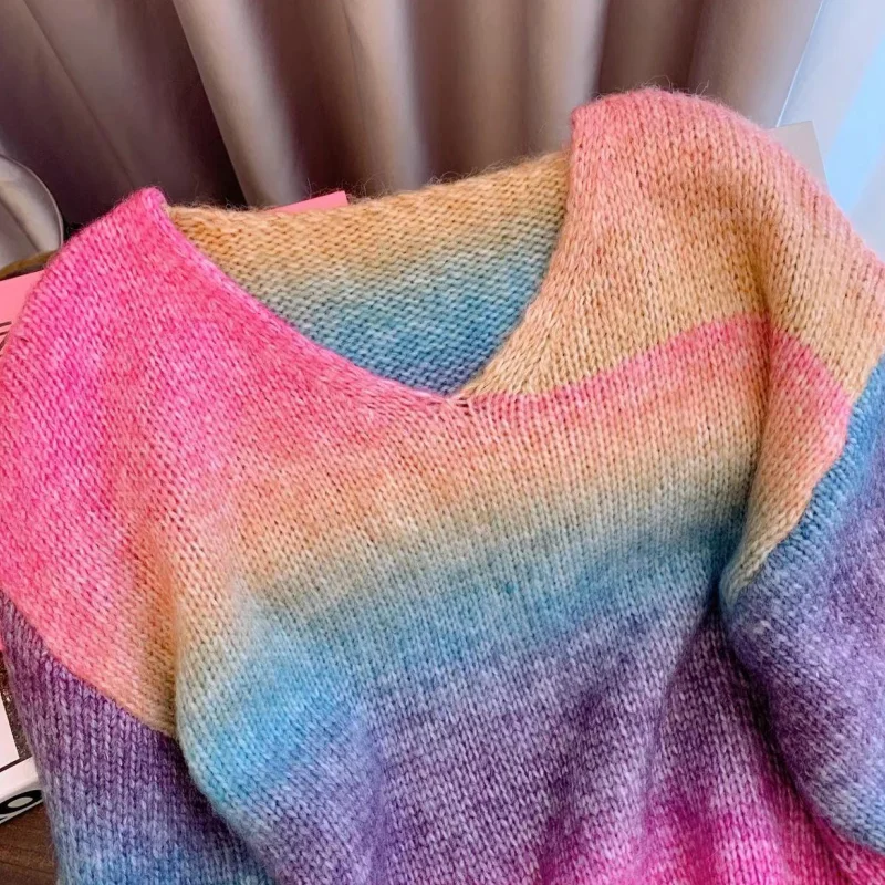 Women Pink Clothing Vintage Knitting Sweater Tie-dyed Chic Long Sleeve Casual Fashion Stripe 2023 NEW Baggy Female Winter Tops