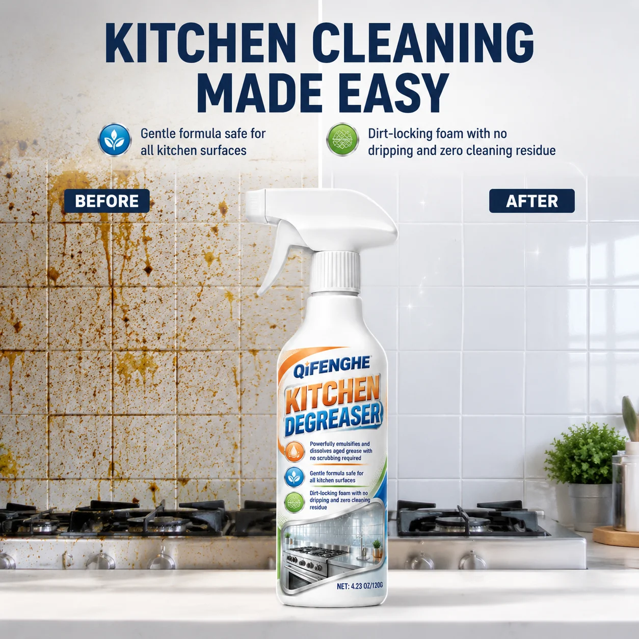 Foam Kitchen Degreaser Dissolve Heavy Cooking Grease Deep Clean Surfaces Gentle Formula Leave Spotless Zero Residue Finish
