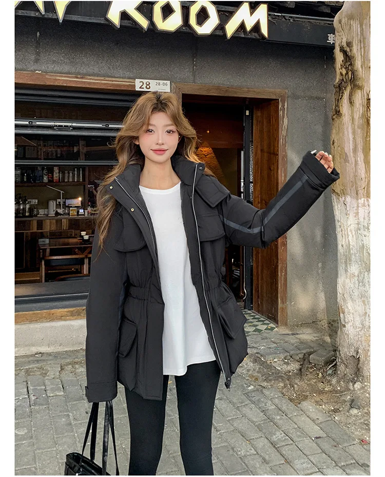 

Women Mid Lenth Parkas Coats Hooded Jacket Oversize Solid Tie Waist Zipper Pockets Slim Thick Casual Office Lady Winter 2025