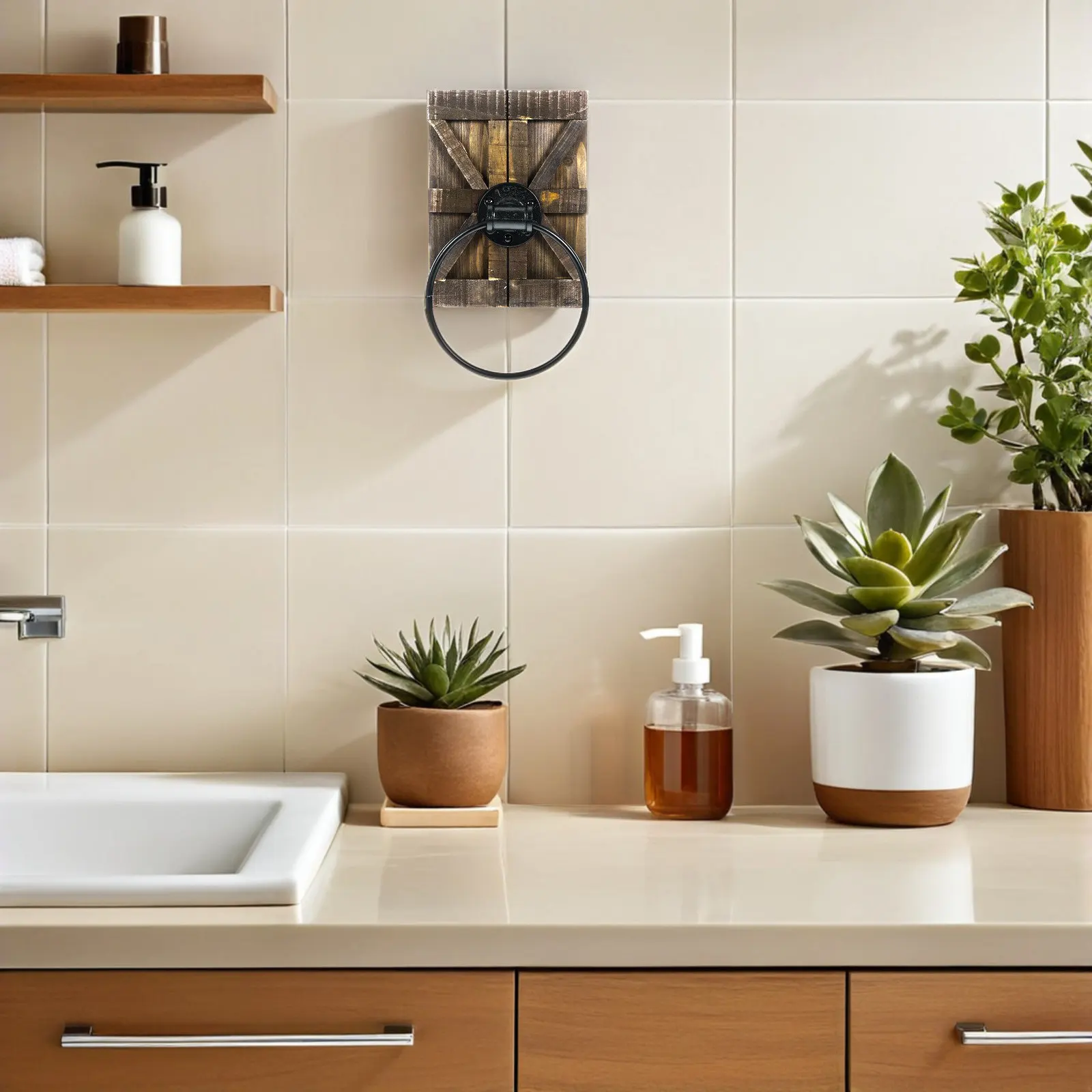 Rustic Brown Iron Hand Towel Ring Vintage Wall Mounted Towel Holder Wood Backing Bathroom Kitchen Toilet Bathroom Accessories