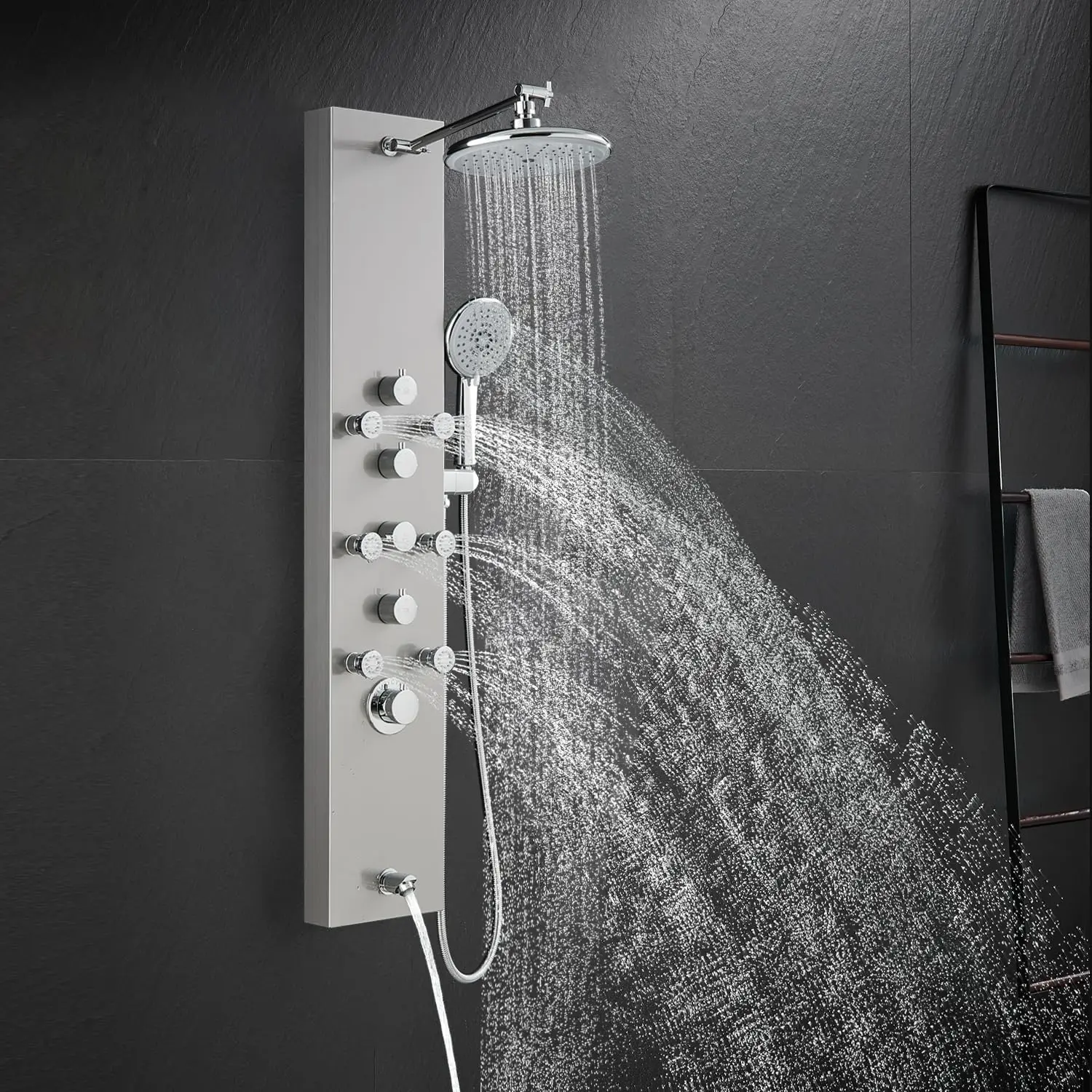 

Shower Panel System Use 4 Functions Simultaneously Rainfall Shower Body Jets Handheld and Tub Spout Shower Tower Column