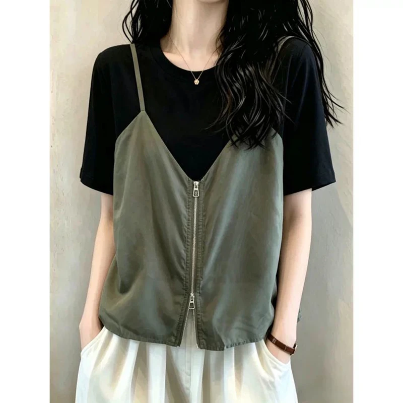

2026 New Arrival Women Fake Two Piece Spliced Tee Zipper Camisole Short Sleeve Slim Fit Crew Neck Hide Belly Casual Daily Blouse