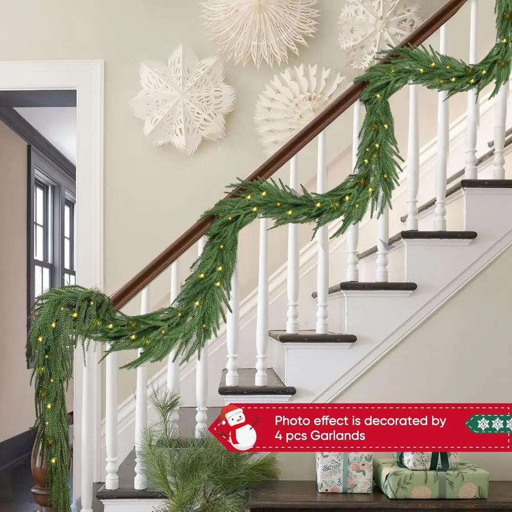 إكليل صنوبر واقعي لعيد الميلاد بطول 9 أقدام مع 100 مصباح، و120 فرع لدرج العطلات، والطاولة، وديكور الحائط