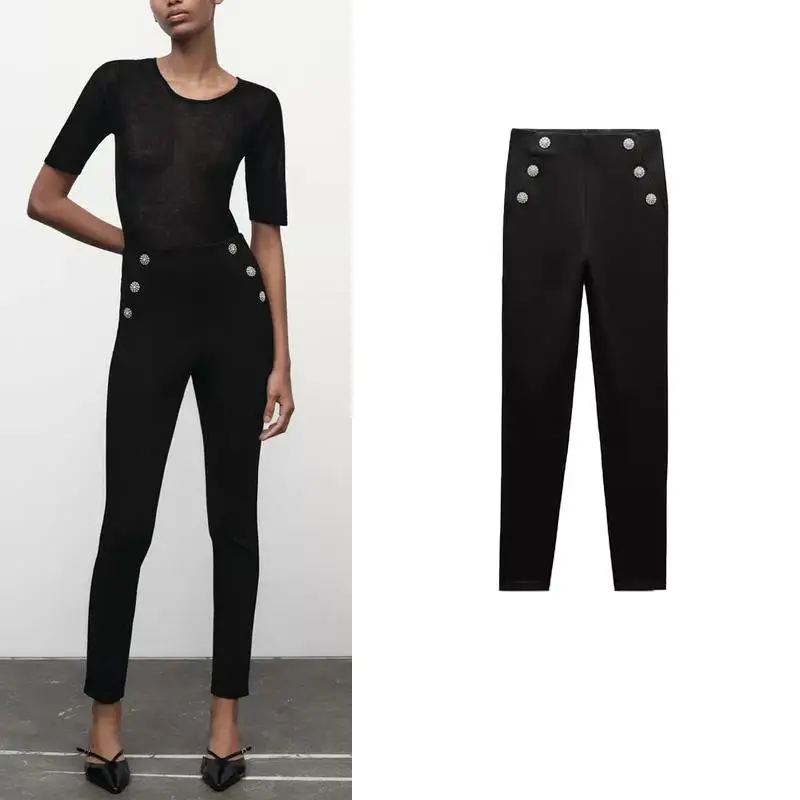 

Autumn Winter New Women's Fashion Jewelry Button Decor Casual Versatile mid Waist Leggings Stylish Slim Fit Polyester Fiber