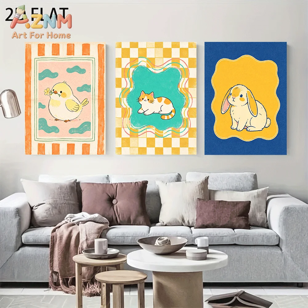 AZNM Frameless Canvas Wall Art, Cute Cartoon Bird Cat Rabbit Print, Colorful Checkerboard Animal Wall Decor for Living Room Bedr