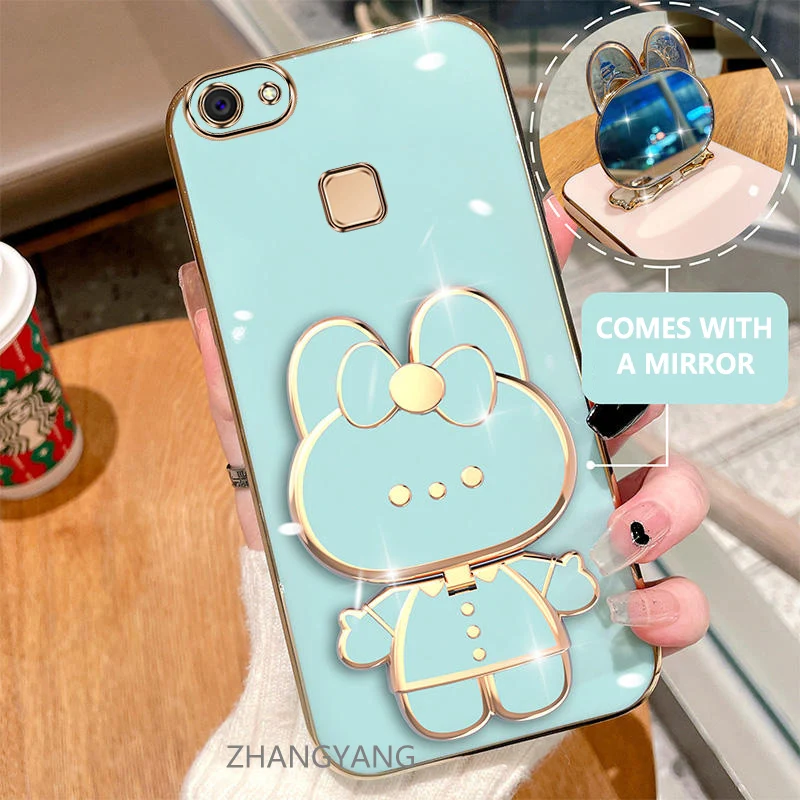 

Case For vivo V7 V7 PLUS Electroplated straight edge silicone phone case cute 3D rabbit with built-in mirror for anti drop