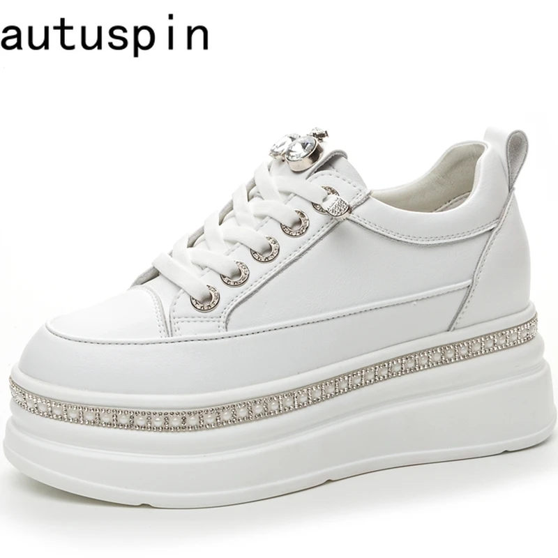 

AUTUSPIN 5cm Genuine Leather Shoes for Women Platform Wedge Increase Height Sneakers Fashion Crystal Pearls Chunky Shoes Woman