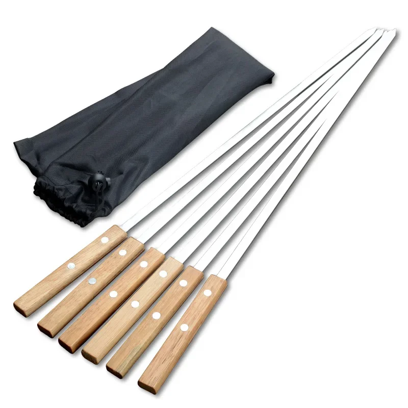 6Pcs/Set Barbecue Meat String Skewer Chunks Of Meat Stainless Steel Natural Beech Handle Roast Stick For BBQ Outdoor Picnic 60cm