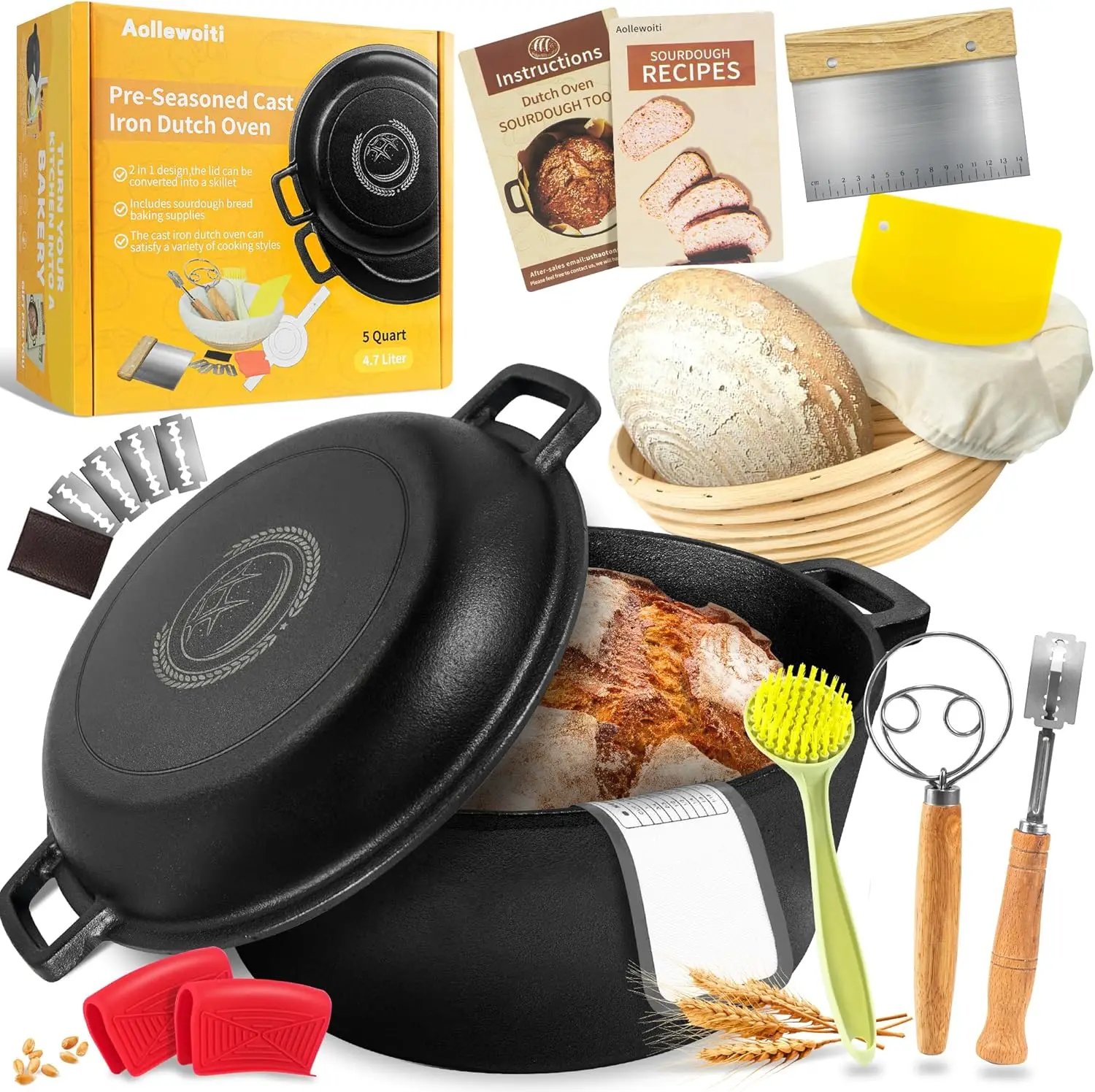 

Pre-Seasoned Cast Iron Dutch Oven Pot with Skillet Lid, 5 Qt Bread Dutch Oven Includes Proofing Basket Sourdough Starter