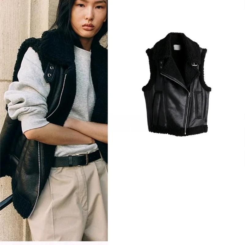 

Новый осенний женский жилет из искусственной кожи на молнии Teddy Fce Lined Jaet, оригинальный дизайн, круглый Ne с одной пуговицей, чистый цвет, полиэтилен...