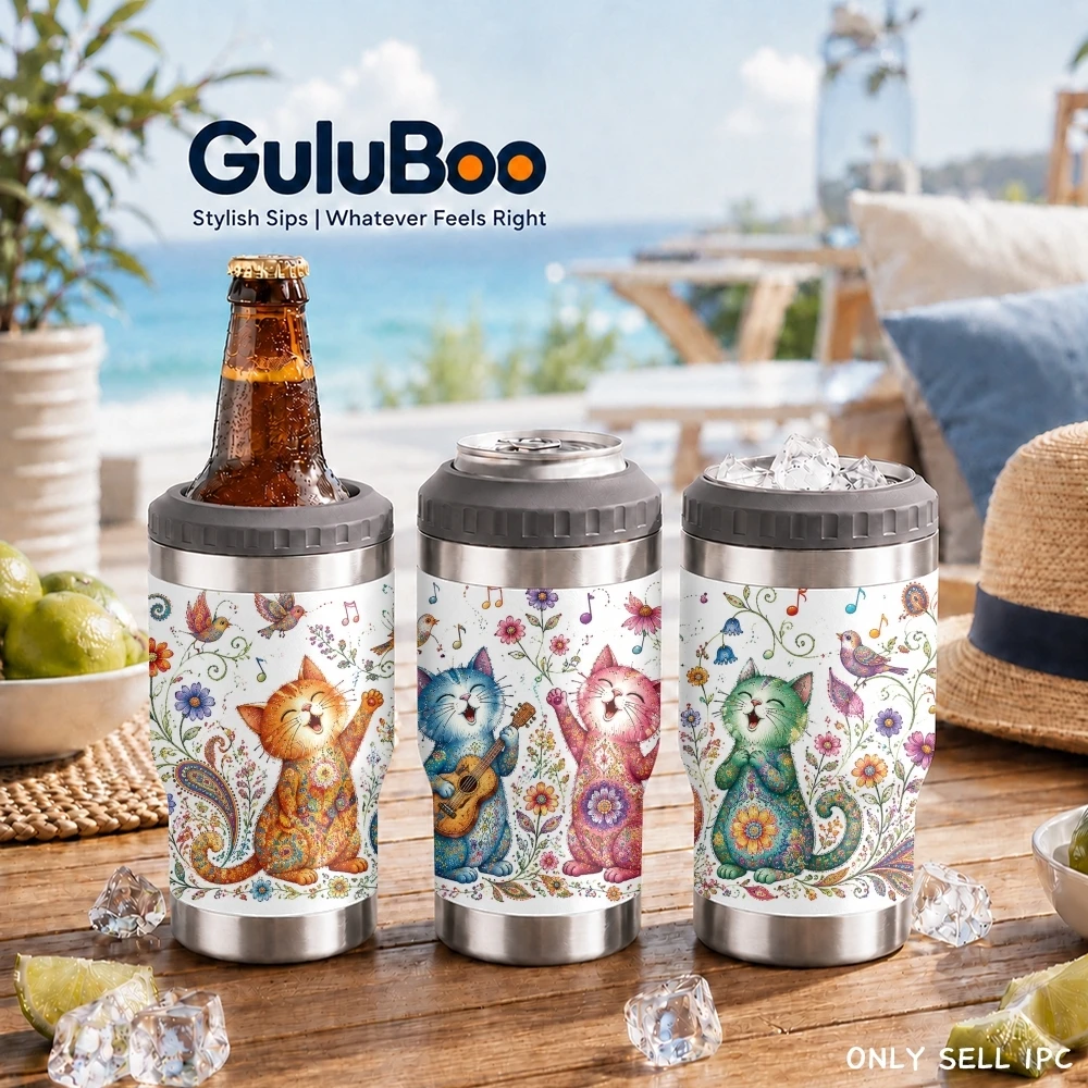 Art Design Cat Vacuum Flasks 4-in-1 Versatile Cooler: One Cup, Total Freedom from Brews to Beer