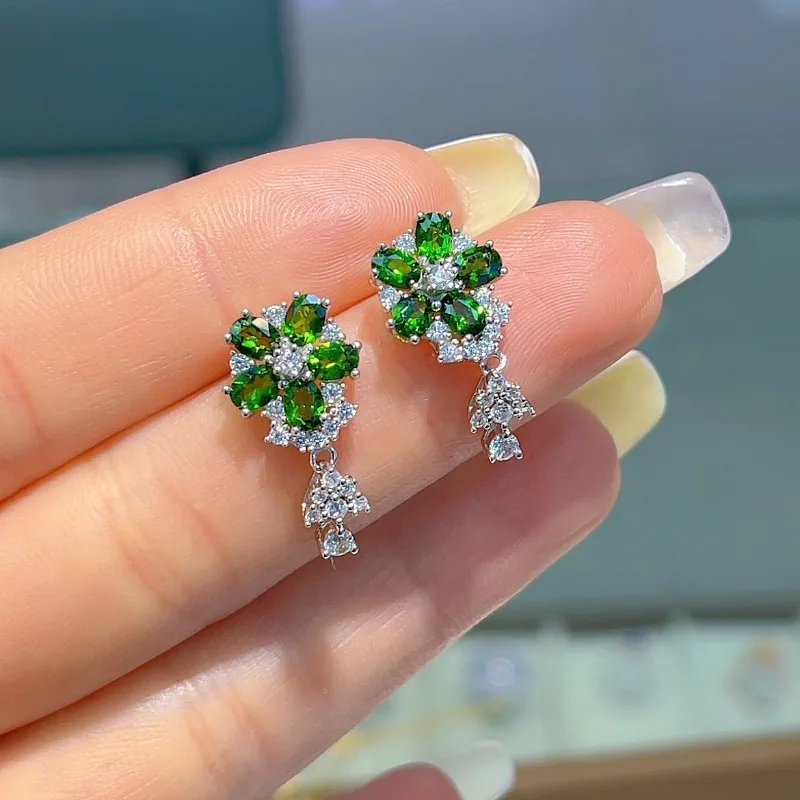 SACE GEMS New Earrings for Women 925 Sterling Silver 3*4MM Natural Diopside Stud Earrings Engagement Cocktail Party Fine Jewelry