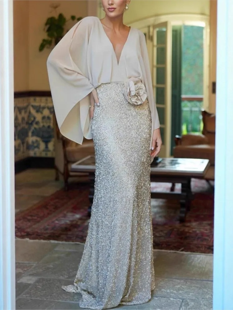 Gonna elegante a coda di pesce con paillettes da donna Nuova moda fiore scollo a V tinta unita gonna lunga a vita alta abito da sera per banchetti