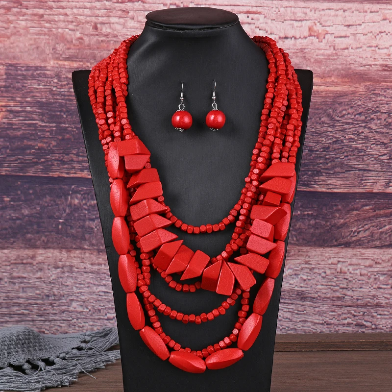 New 7 Multi Layer Handmade Round Wood Necklace Jewelry Set Vintage Statement Collar Boho Bib Beads Long African Jewelry Gifts