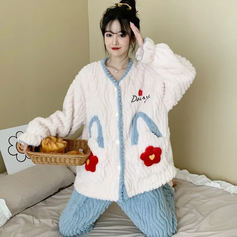 100KG 5XL Plus Size Winter Fleece Pajamas Set Women\'s Loose Cardigan Pant Home Suit Korean Sweet Warm Flannel Loungewear Suit