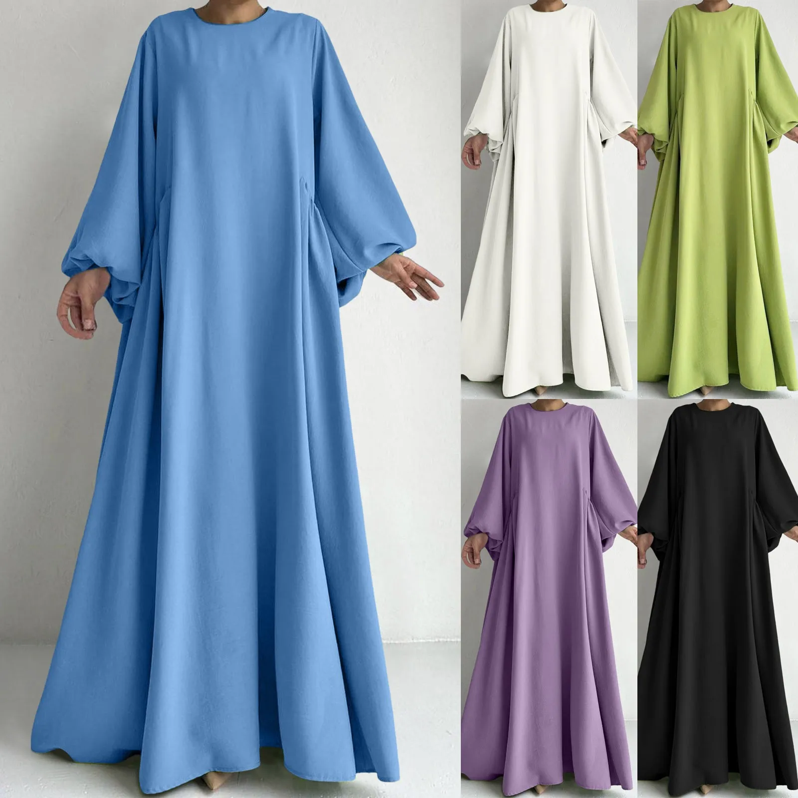 

Women's Muslim Robe Long Sleeve Dress Solid Color Round Neck Loose Dresses Temperament Prayer Clothing Ramadam Elegant Burka