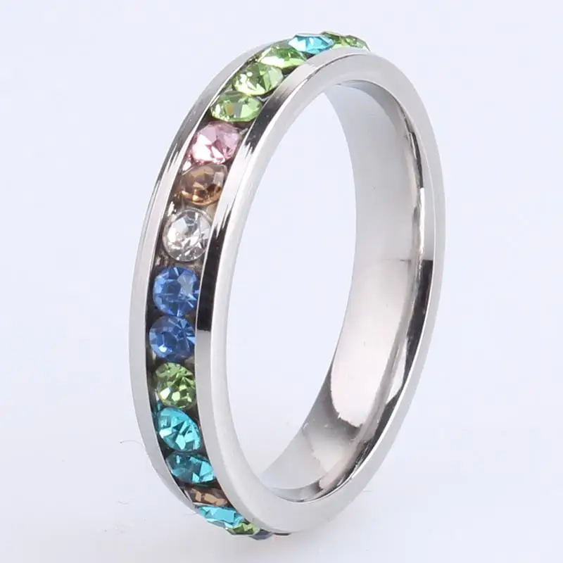 4mm gold and silver color single row multicolour crystal 316L Stainless Steel finger rings for men women wholesale