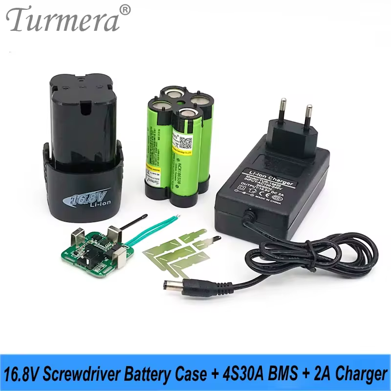 Turmera 16.8V Screwdriver Drill Battery Case 4S 30A BMS 18650 Hoder 16.8V 2A Lithium Battery Charger for 14.4V Shura Shrika Use