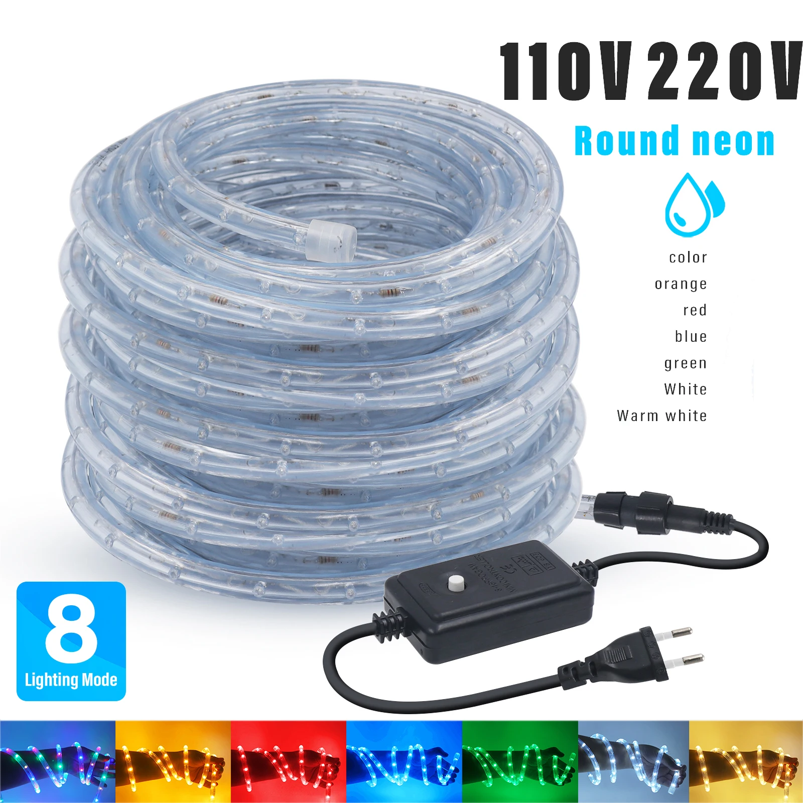 110V 220V LED Strip Light 360 Round Rainbow RGB Neon Tube Light Flexible LED Tape Rope 8 Modes Waterproof Stripe Lamp Christmas