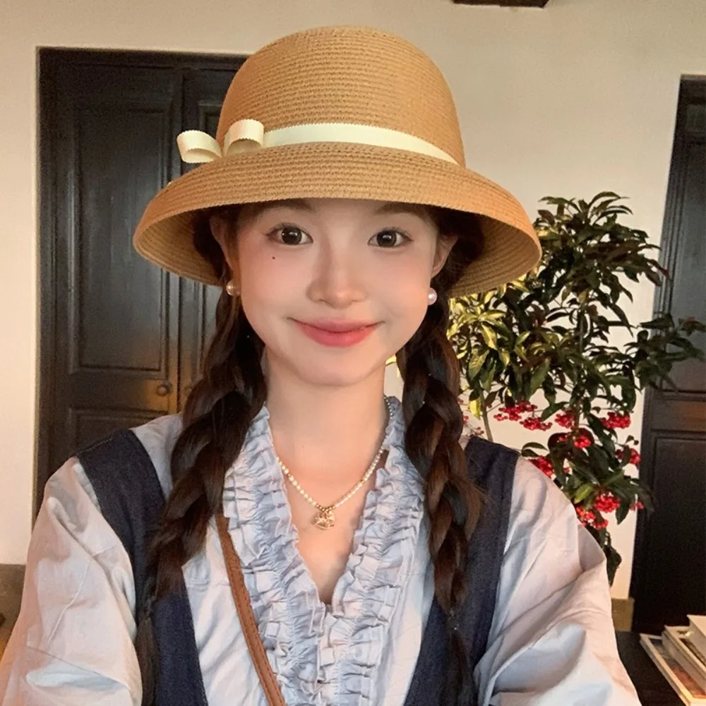 

Trendy French Bow Straw Cap Beach Vacation Weaving Cap Big Brimmed Summer Bucket Sun Hat Women