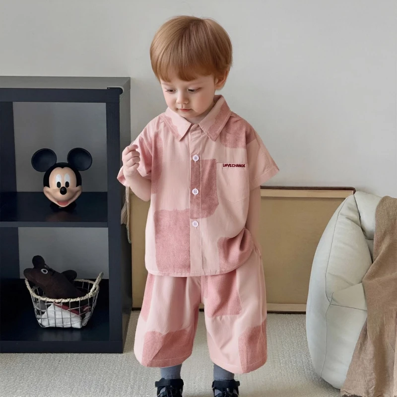 

2025 New Summer Children's Pure Cotton Thin Gradient Color Blocked Short Sleeved T-shirt and Shorts Two-piece Set