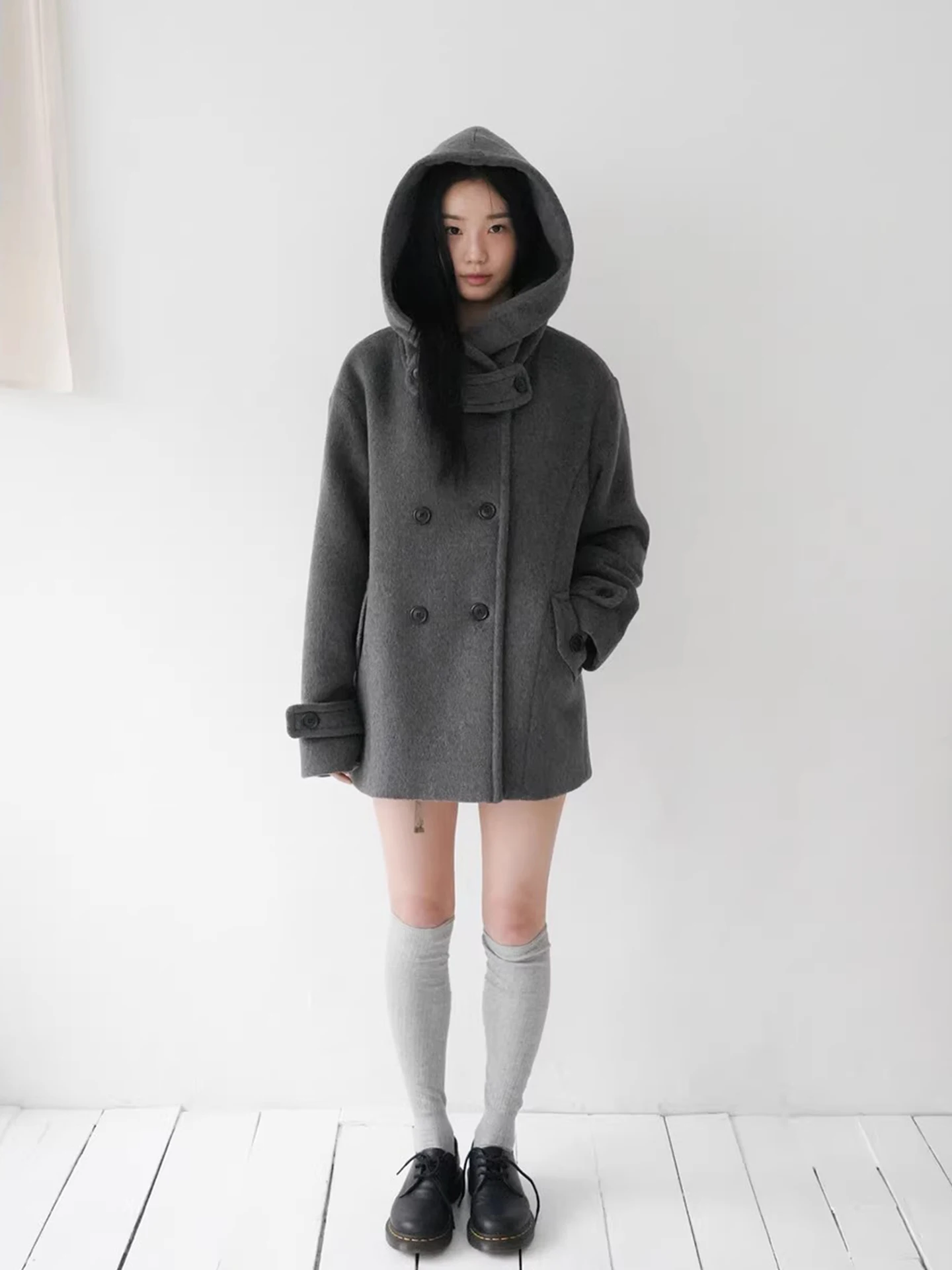 Women's Hooded Woolen Coat Pure Color Double-Breasted Winter Jaet Korean Sle Loose Fit Long Sve Mid-Length Coat