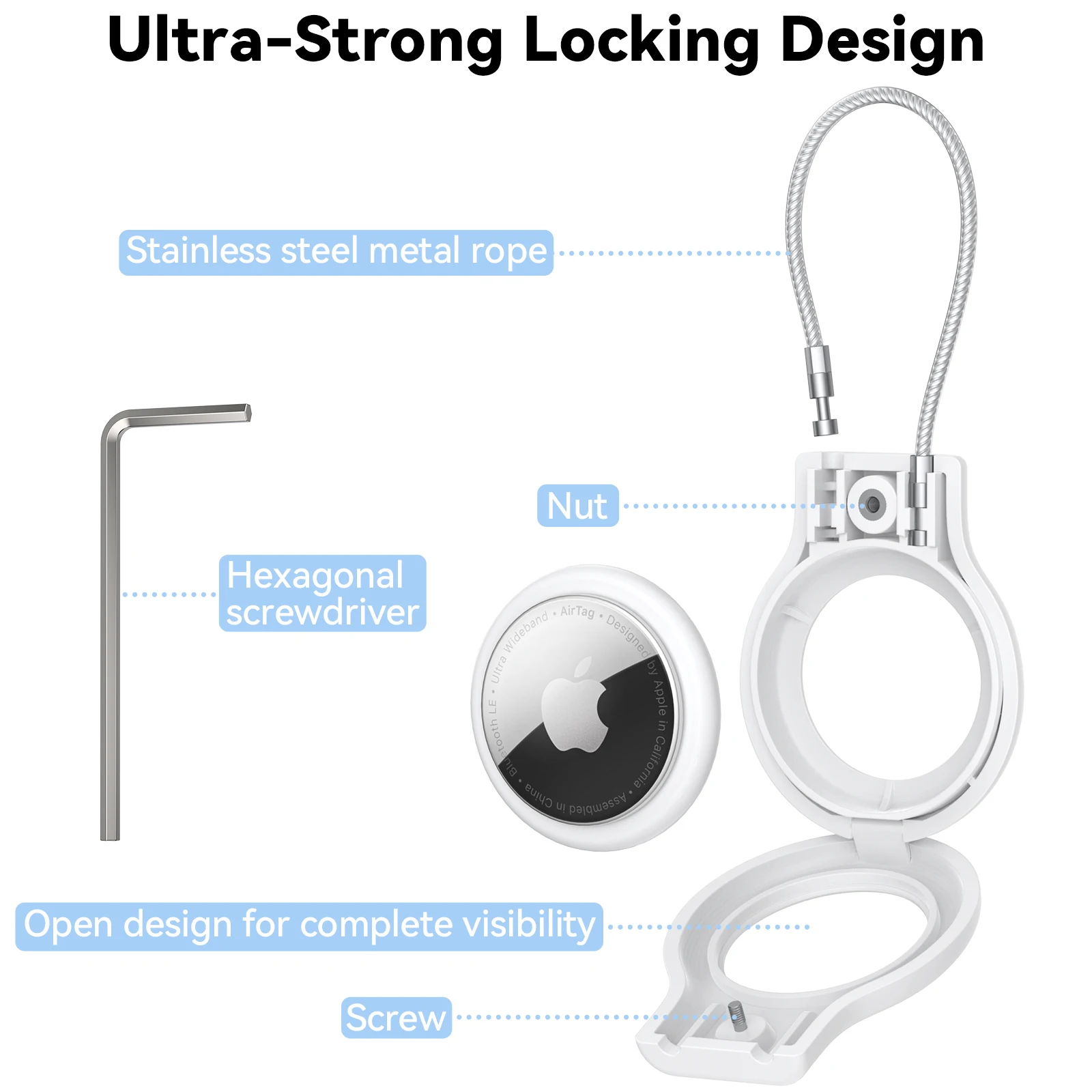 For Apple Airtags Keychain Holder Case with Steel Wire Line Anti-Lost Tracker 360 Degrees Protective for Luggage Backpack Keys