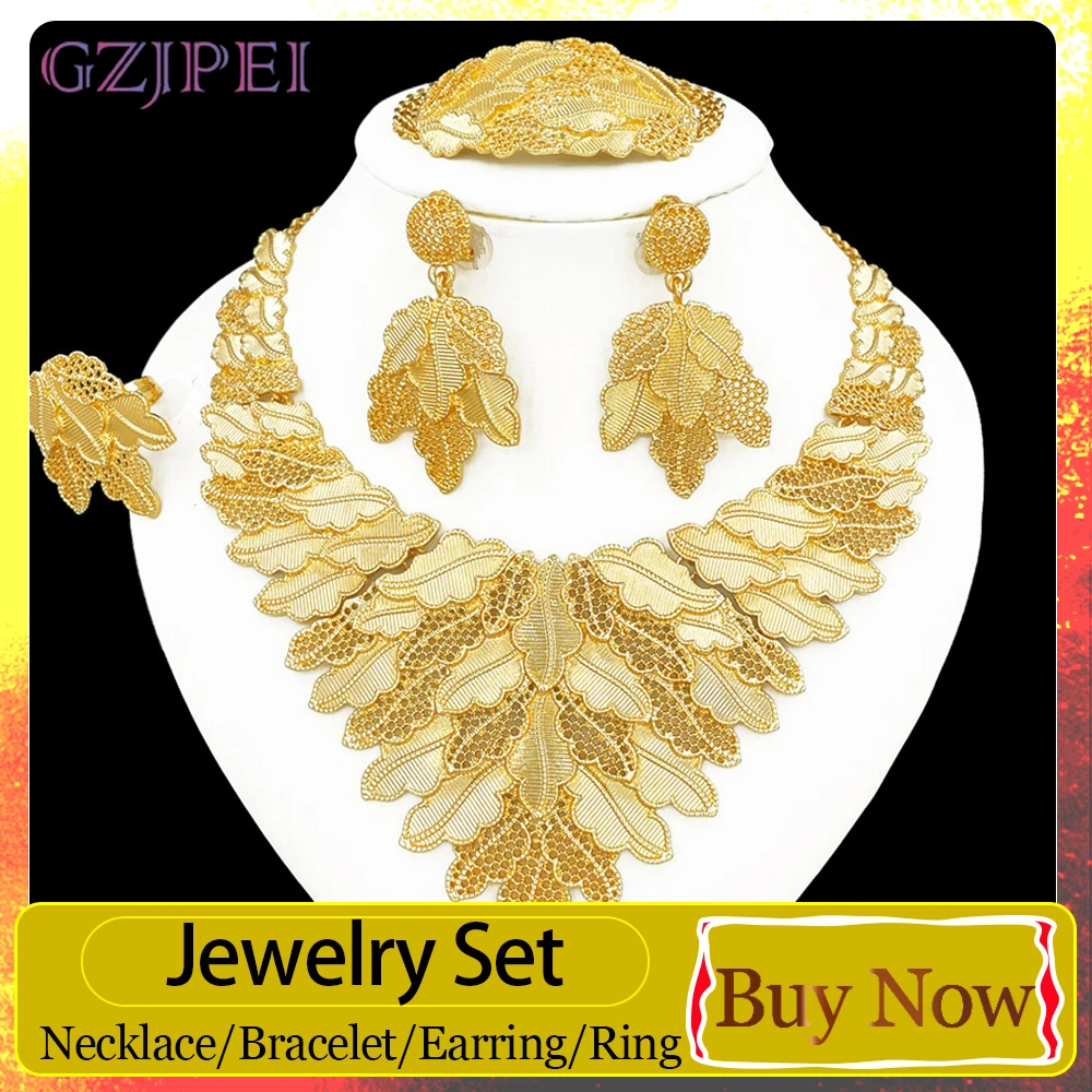 GZJPEI Goldfarbenes Blatt-Filigran-Schmuckset Exquisites Hohlblatt-Halskette Armband Ohrringe Ring Dubai Braut Hochzeit Party Geschenk