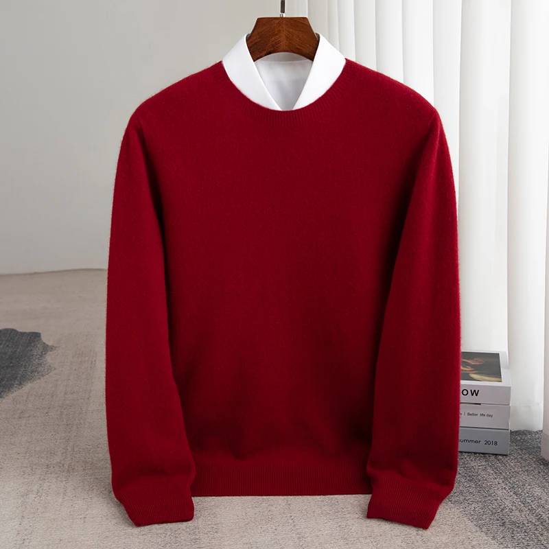 

2024 men's autumn and winter new 100% sweater round neck knitted solid color cashmere pullover fashion business casual top.