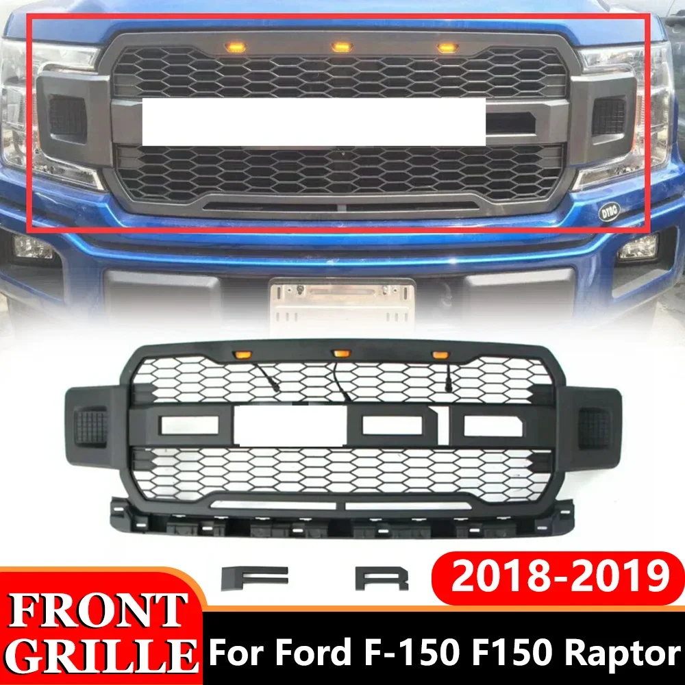 Parrillas de carreras de rejilla media negra ABS, parrilla de parachoques delantero con ámbar para Ford F-150 2018 2019 Raptor, rejillas de parachoques delantero