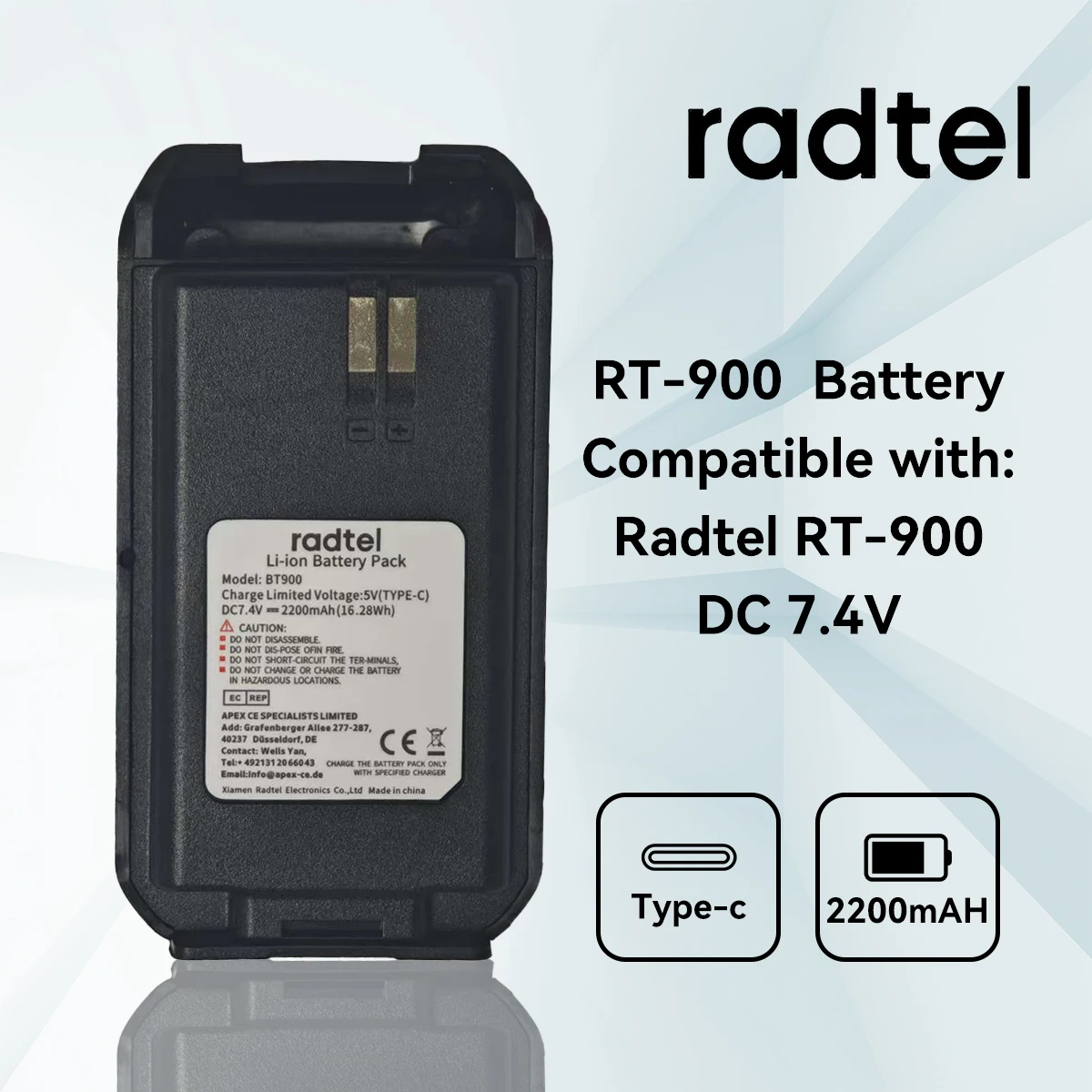 

2200mAh Li-ion Battery Pack for Radtel RT-900 Two-Way Ham Radio Walkie Talkie Replacement Charger Included