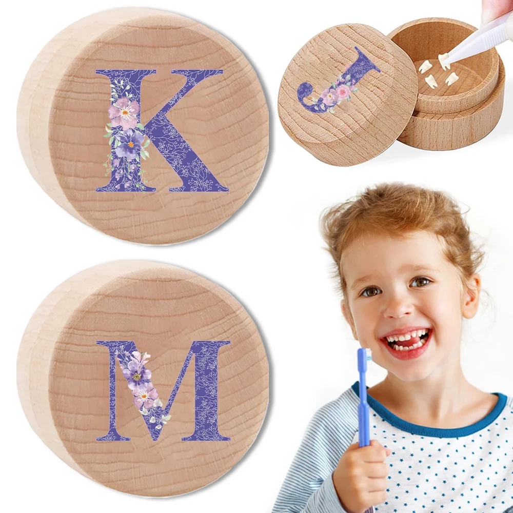 

Wooden Tooth Box Storage Organizer Lost Teeth Saver Umbilical Cord Holder Keepsake Case Purple Flower Letter Pattern