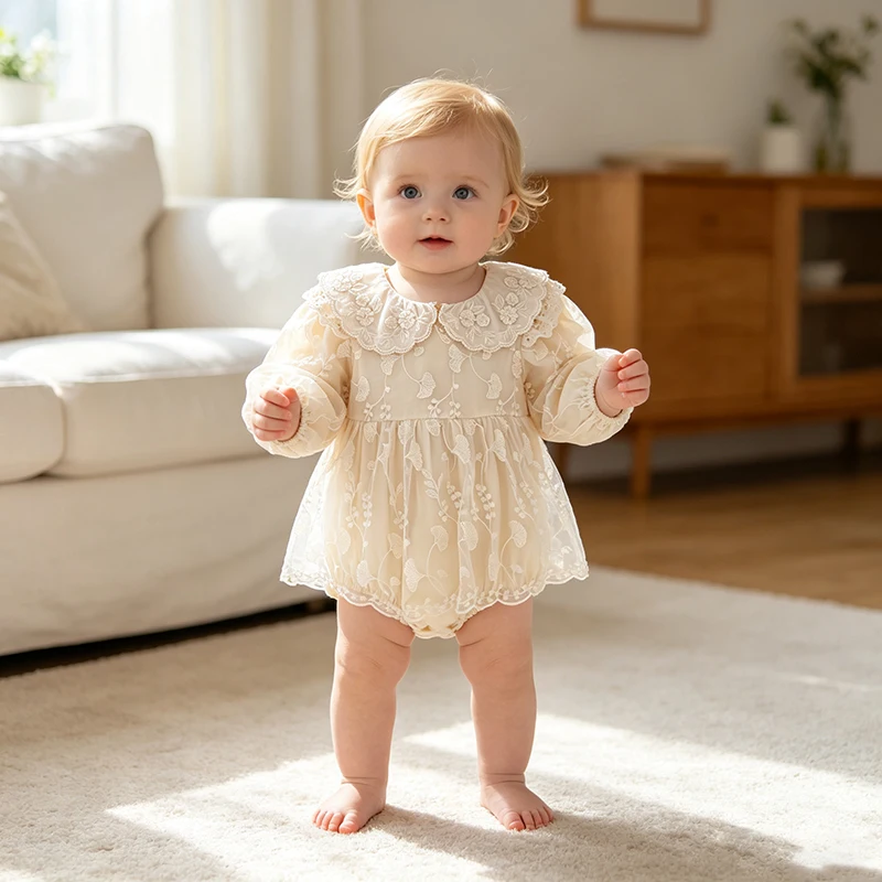 Baby-Mädchen-Strampler aus Spitze, langärmelig, mit Stickerei, Peter-Pan-Kragen, Body, Neugeborenen-Overall, beige, Geburtstags-Foto-Outfit, 0-24 Monate – Detail 14