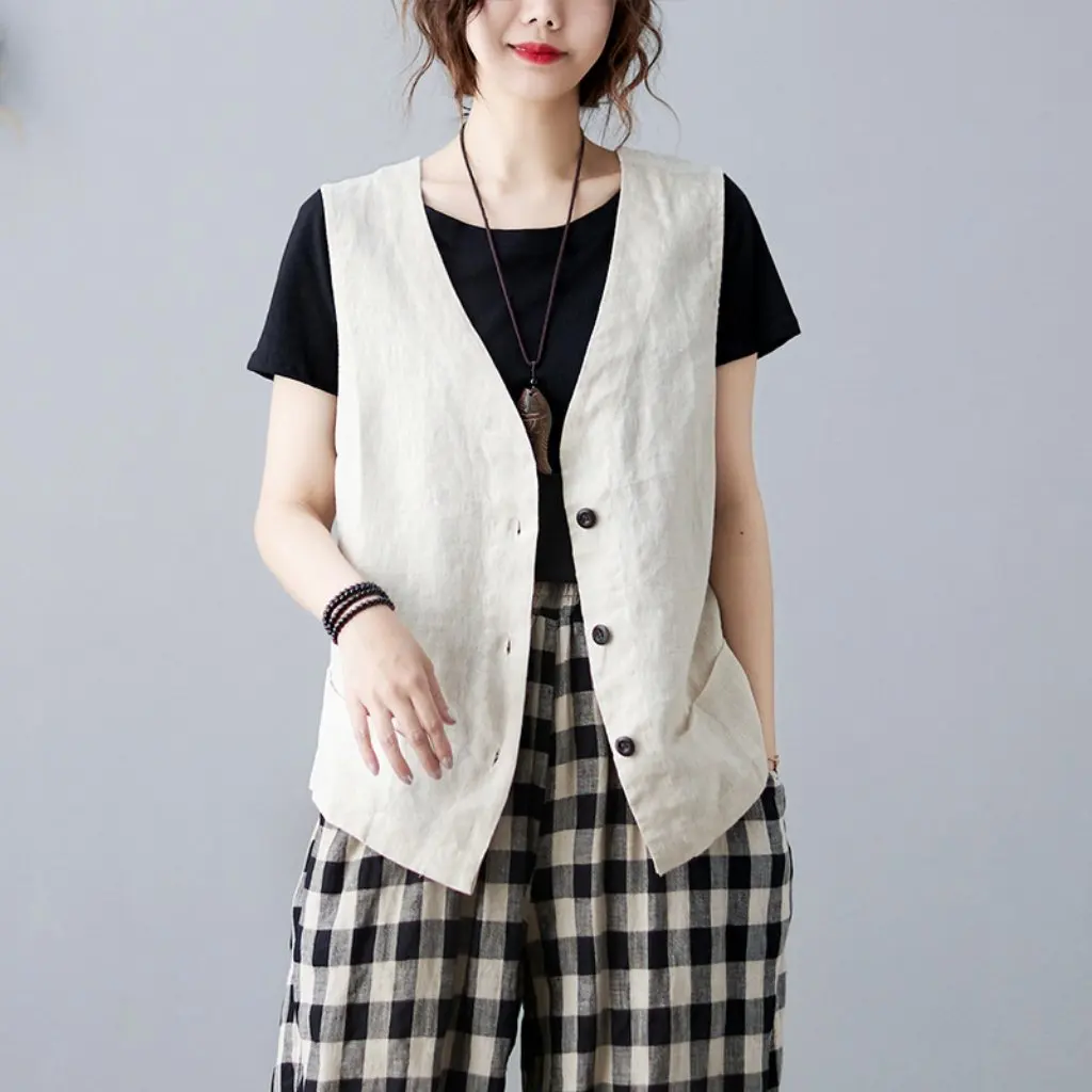 

Women's Cotton Linen Vest Jacket Summer Loose V-Neck Sleeveless Casual Pure Color Top Outerwear