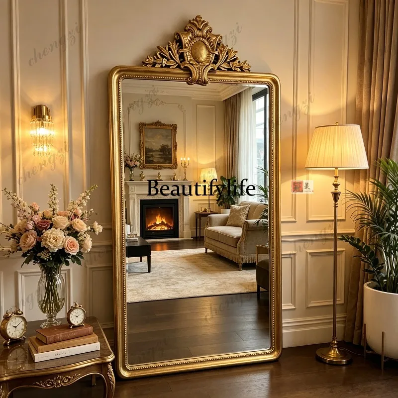 French retro full-length mirror floor-to-ceiling home full-length mirror cloakroom engraved fitting mirror