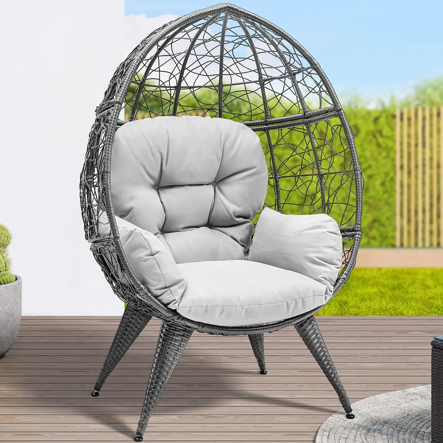 

Egg Chair Wicker Outdoor Indoor Oversized Large Lounger with Stand Cushion Leveling Feet