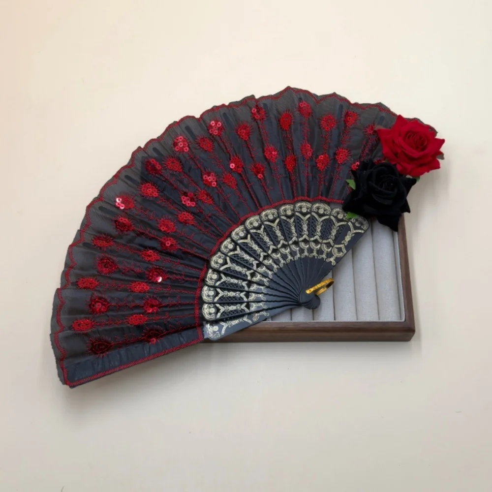 Abanico de Danza Gótica Vintage con Lentejuelas Bordadas, Abanico Español de Mano para Fiestas Temáticas, Cosplay y Danza Flamenca