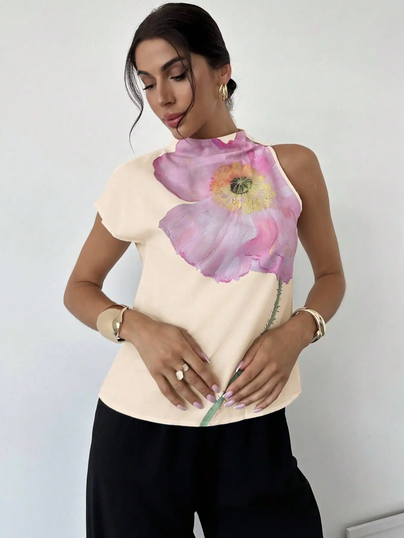 

Elegant Floral Print Sleeveless Blouse For Women Vacation Top