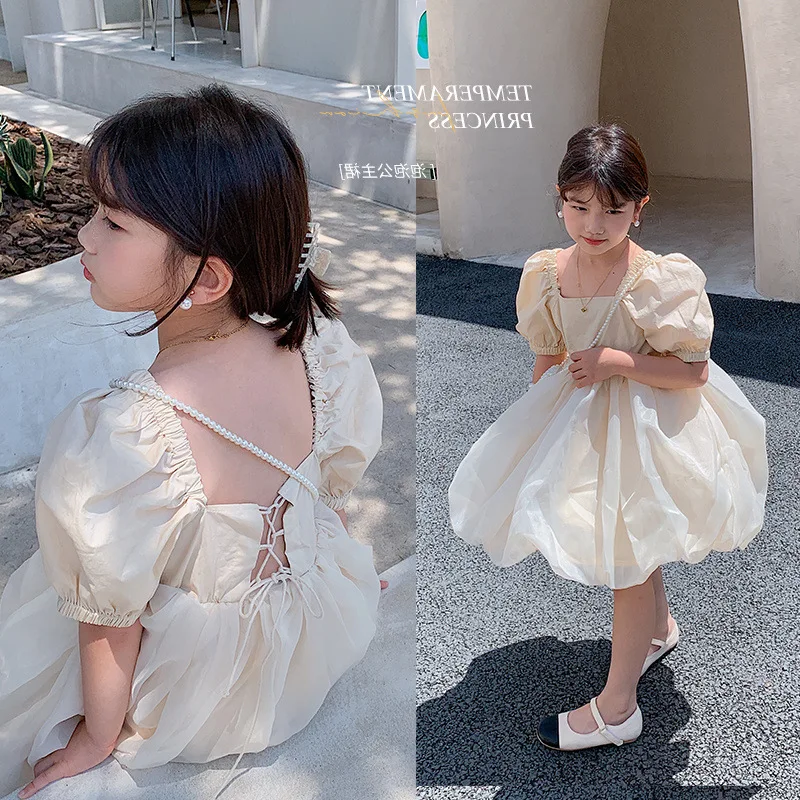 

Baby Girl Dress 2024 Summer New Girls French Square Collar Waist Princess Pompadour Dress Children Halter Puffed Sleeve Dresses