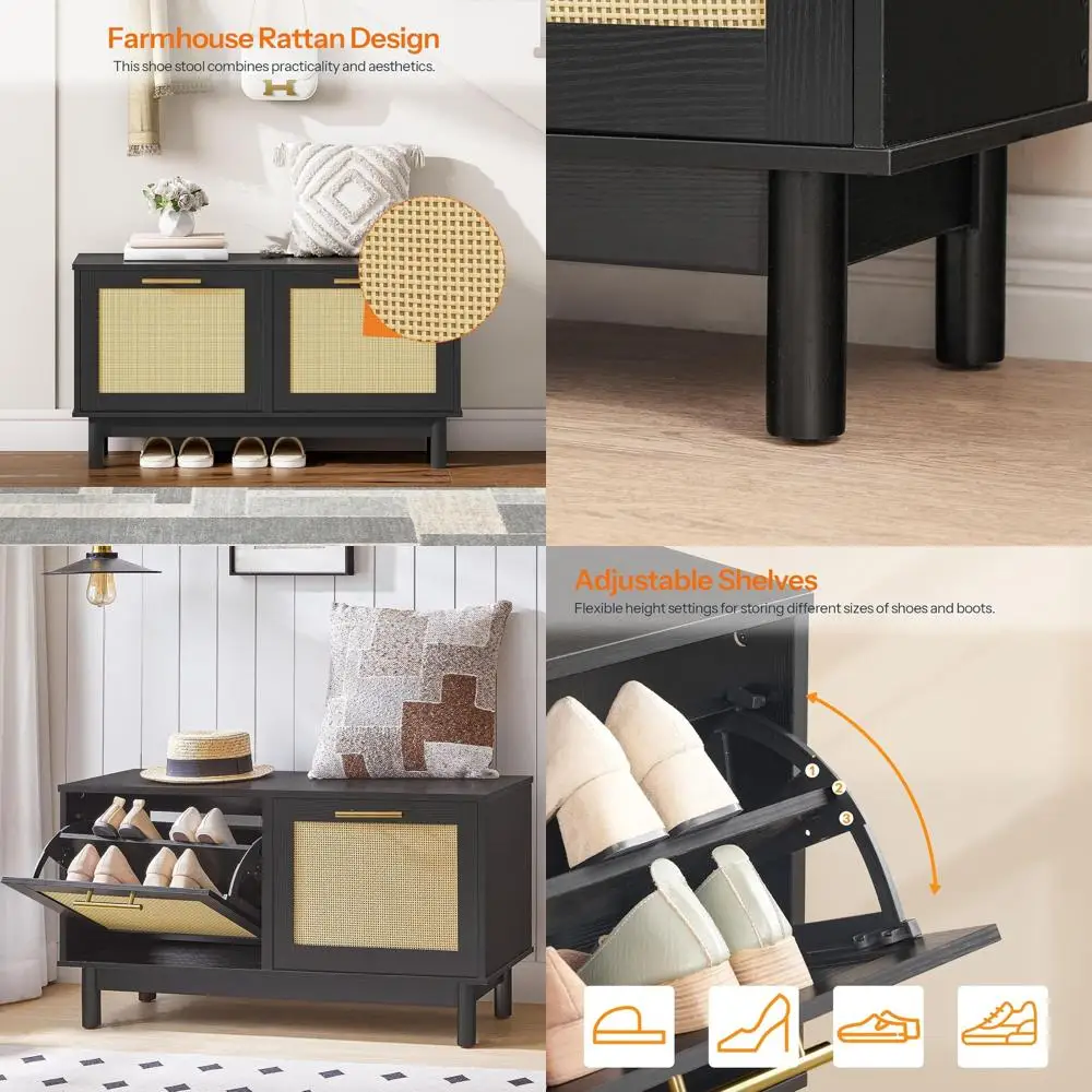 Banco de almacenamiento de zapatos estilo ratán, cajón abatible y gabinete de puerta, organizador de madera negro para entrada