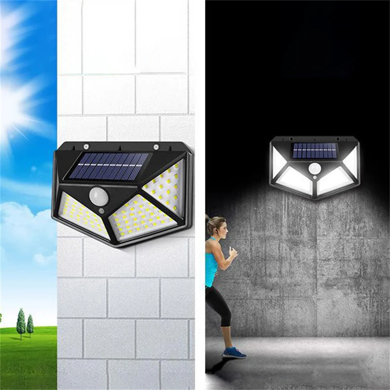 

100 светодиодных настенных светильников с датчиком движения, солнечный свет, уличный фонарь для патио, уличная солнечная лампа, украшение для сада, коридора