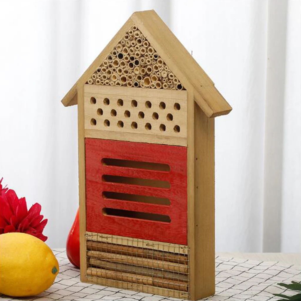 Wooden Bug Hotel Garden House Bee Habitat Shelter Box for Outdoor Yard Natural Pollinators