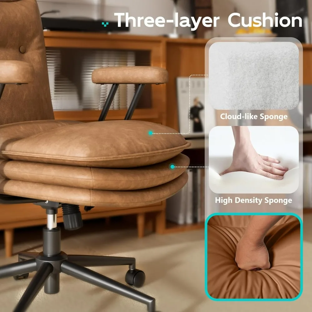 เก้าอี้สำนักงานหนังสีน้ำตาลมีล้อ ที่นั่งกว้างหนาสามชั้น ปรับความสูงได้ เก้าอี้ทำงานสไตล์โมเดิร์นยุคกลาง นั่งสบาย