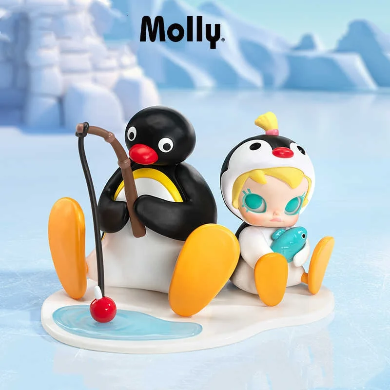 Novo genuíno 10.4cm bebê molly × pingu modelo de tempo de pesca bonito pendurar cartão mesa decoração aniversário crianças presente natal