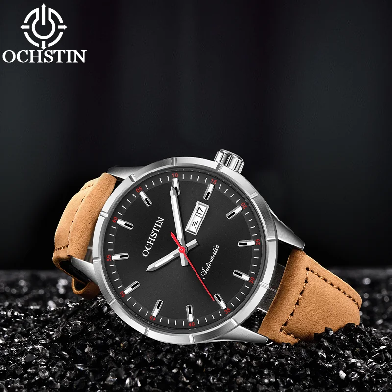 

Часы OCHSTIN с двойным календарем, ремешком из натуральной кожи, автоматическим механическим механизмом, водонепроницаемые, с люминесцентными стрелками, мужские часы.