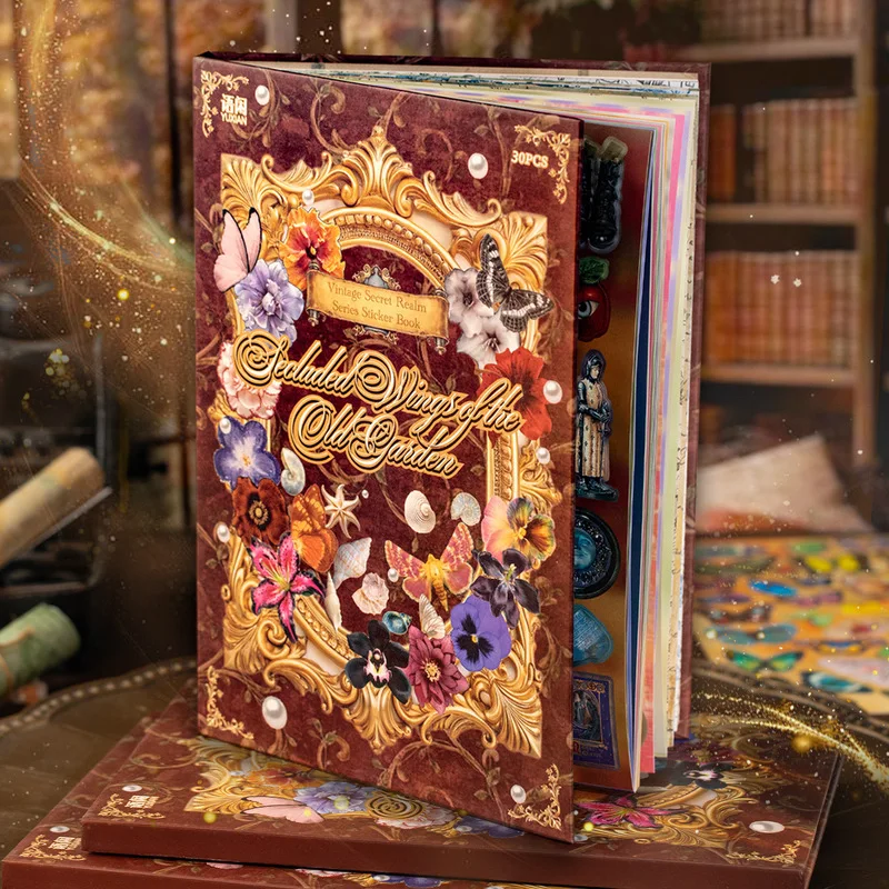 30Pcs Sticker Book Coated Paper Vintage Secret Realm Series Golden Floral Decals Scrapbooking Supplies