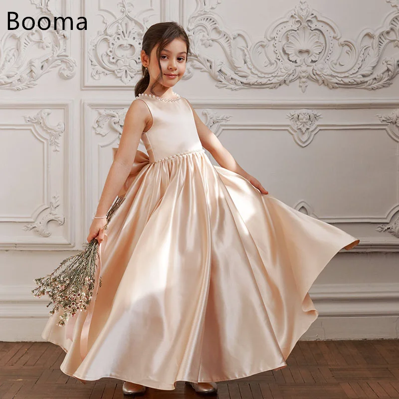 

Booma A-Line Flower Girl Dresses Bow Satin Girls Wedding Party Dresses Sleeveless O-Neck Bow Gowns Customized